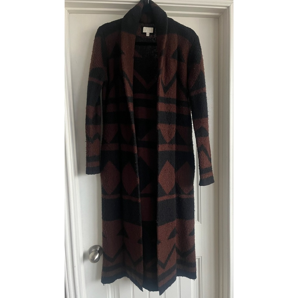 Forever‎ 21 Love H81 Brown Black Small Long Open Sweater Coat Cardigan Geometric
